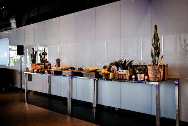 Long taco bar decorated with cacti.