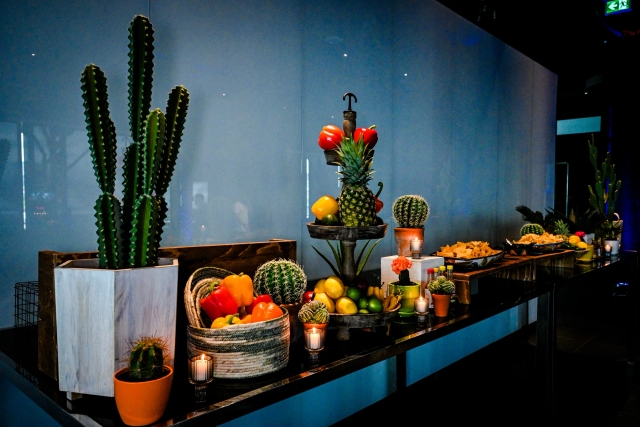 Long taco bar decorated with cacti.